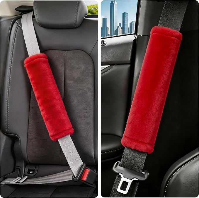 Soft Faux Fur Universal Fit Seatbelt Cover Car Truck SUV Airplane Seat Belt Shoulder Pad for Carmera Backpack Straps Neck Cushion Protector 2 Pack 10.5in Red