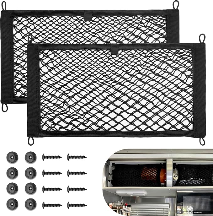 2 Pcs Small Cargo Net Pocket Elastic Mesh Netting Car Mesh Pouch for Trunk RV Boats Home Cargo Storage with Screws and Hooks (17.7'' x 9.8'')