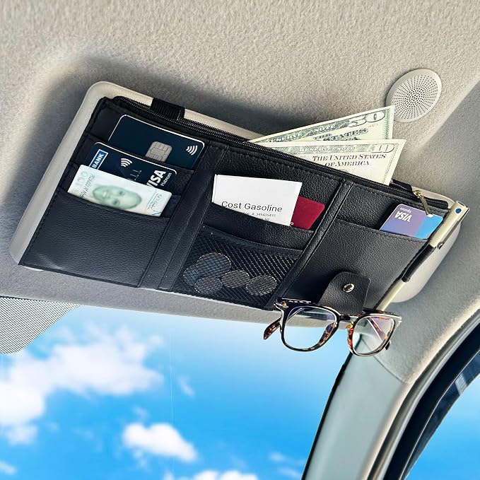 Car Sun Visor Organizer (Black) | Multi-Pocket Net Zipper Case for Cash, Card, Pen & Sunglass | Visor Organizer Storage Pouch | Interior Accessories with Pocket for Car & Truck | Small