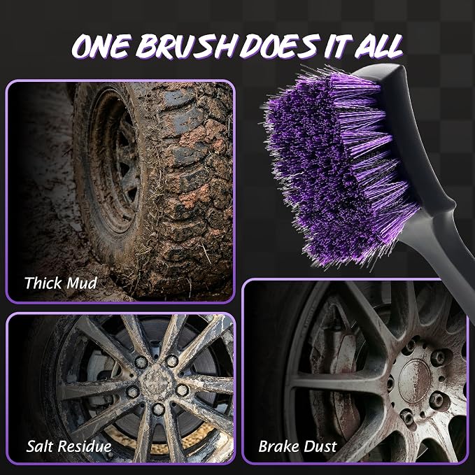 Pro Tire Cleaning Brush, Stiff Mixed Bristles Tire Cleaner, Short Handle Scrub Brush for Cleaning Sidewalls, Rubber Mats & Wheels, Anti-Deformation Tyre Detailing Tool, Purple/Black
