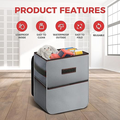 2 Gallon Car Trash Can Lid and Storage Pockets, Leak-Proof Collapsible and Portable Organizer, Multipurpose Garbage Bin with Adjustable Straps, Grey