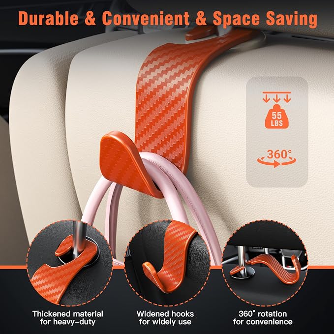 Car Seat Headrest Hook 4 Pack Hanger Universal Vehicle Car Storage Organizer for Handbag Purse Coat S Type Checkered Orange