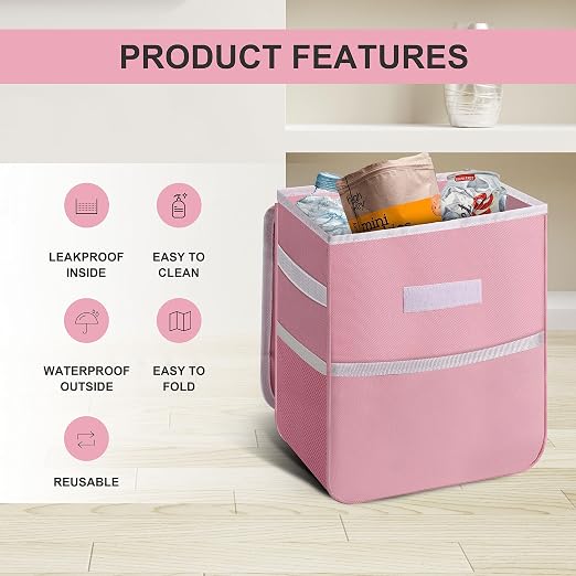 2 Gallon Car Trash Can Lid and Storage Pockets, Leak-Proof Collapsible and Portable Organizer, Multipurpose Garbage Bin with Adjustable Straps, Pink