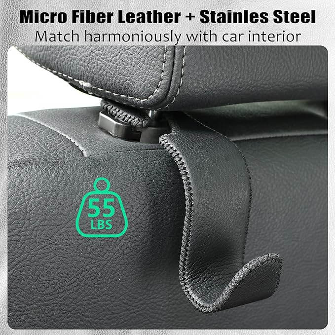 Car Seat Headrest Hook Universal Vehicle Storage Hanger Leather with Metal Car Seat Back Organizer for Handbag Purse Coat Black 4 Pack