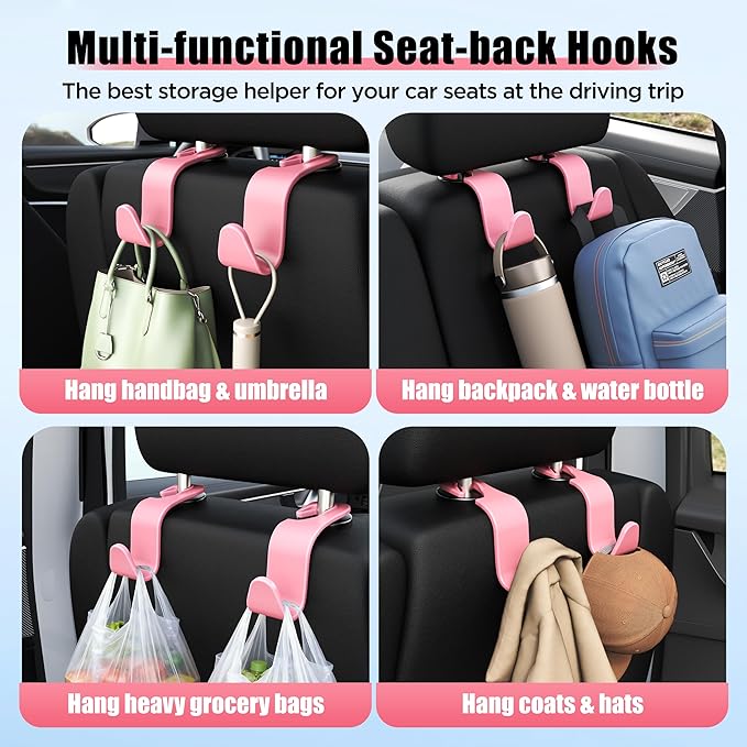 Car Seat Headrest Hook 4 Pack Hanger Storage Organizer Universal for Handbag Purse Coat Universal fit Vehicle Car Pink with Clip