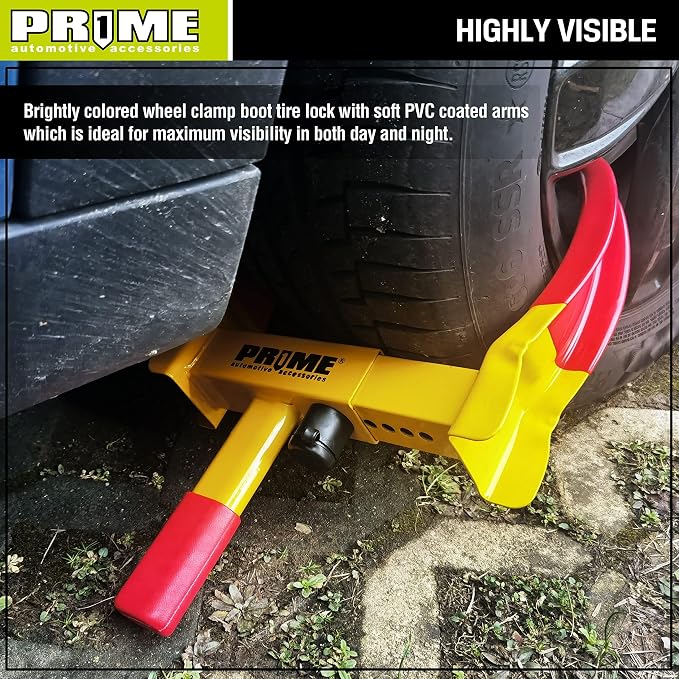 PR1ME Heavy Duty Wheel Lock Clamp with 2 Keys, Universal Anti Theft Trailer Wheel Lock for Cars SUV RV ATV Motorcycles &Golf Cart,High-Strength Carbon Steel with Soft PVC Coating,Fits 7" to 10.6" Tire