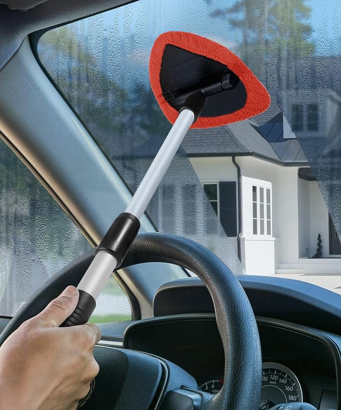 Windshield Cleaner Tool,Car Accessories,Automotive Tool Car Window Cleaner with Extendable Long Handle and 4 Washable Reusable Microfiber Pads,Suitable for Most Cars,SUVs,Trucks,Jeeps (Red)