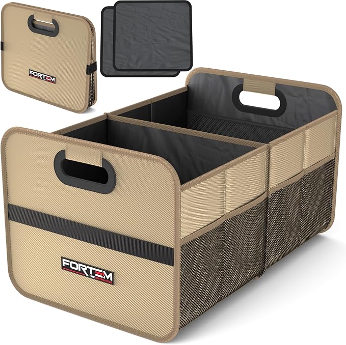 Car Trunk Organizer, Collapsible Two Compartment Organizer, Foldable SUV & Truck Storage for Car Accessories for Women Men, Non Slip Bottom, Sturdy Side Walls, Strong Handles, 45L