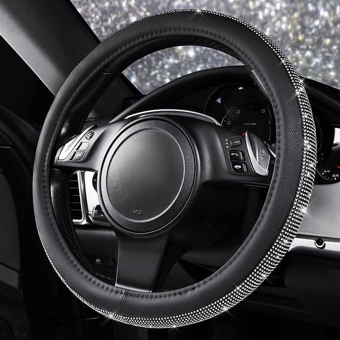 Diamond Black Leather Steering Wheel Cover, with Bling Crystal Rhinestones Universal Fit 14" 1/2-15" Crystal Glitter for Women Sparkle Girl Fit Suvs,Vans,Sedans,Cars,Trucks, White Diamond