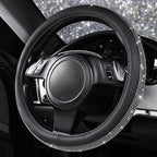 Diamond Black Leather Steering Wheel Cover, with Bling Crystal Rhinestones Universal Fit 14" 1/2-15" Crystal Glitter for Women Sparkle Girl Fit Suvs,Vans,Sedans,Cars,Trucks, White Diamond