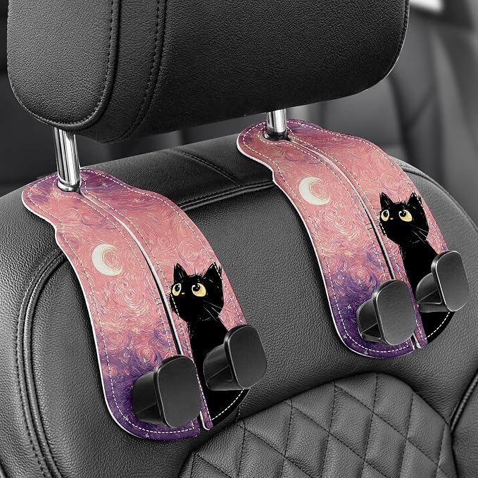 Purse Holder for Car, 2 Pack Heavy Duty Purse Hanger for Car, PU Leather Car Seat Hooks for Purses and Bags, Cute Pink Starry Sky Cat Headrest Organizer for Handbags & Backpacks