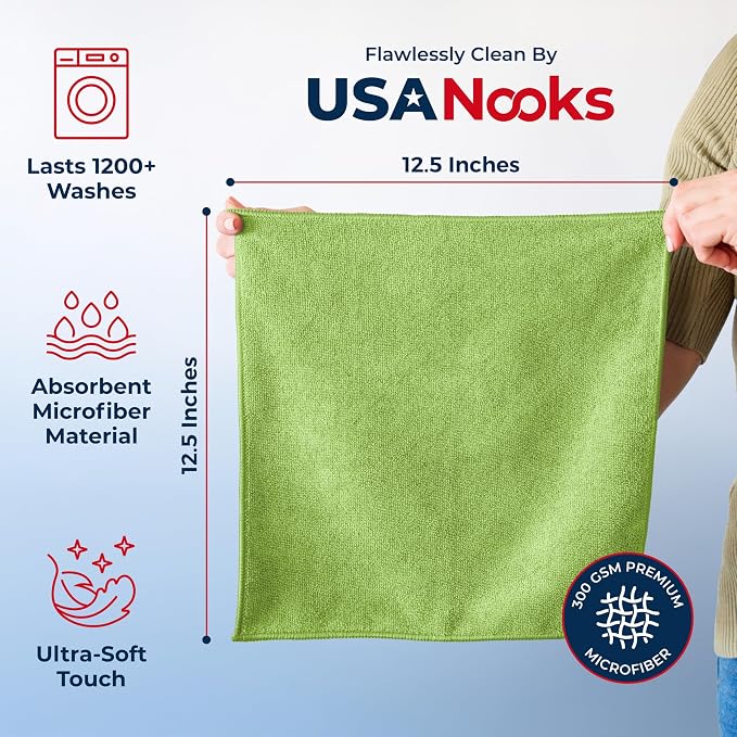 Microfiber Cleaning Cloth Light Green - 8 Pcs 12.5"x12.5" - High Performance - 1200 Washes, Ultra Absorbent Towels Weave Grime & Liquid for Streak-Free Mirror Shine - Car Washing Cloth