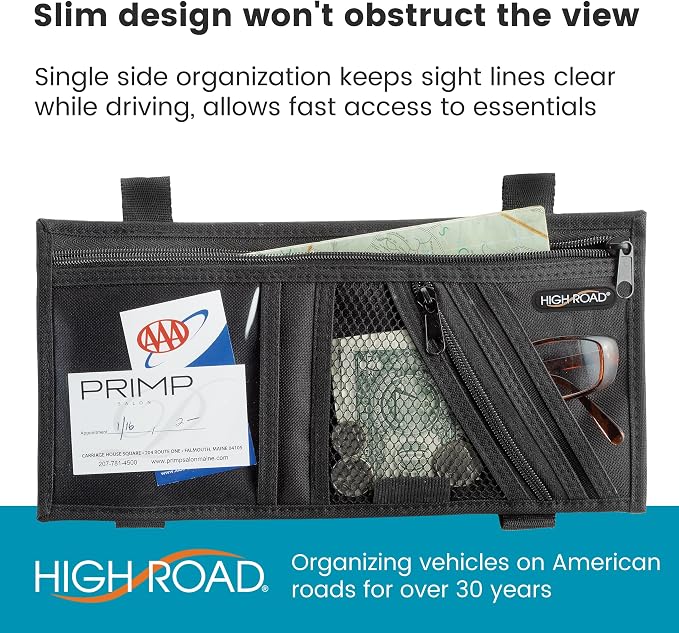 Car Visor Organizer with Secure Zip Pockets, Sunglasses Holder and Clear Registration and Insurance Pocket - Heavy Duty Straps Fit Most Car, SUV and Truck Visors