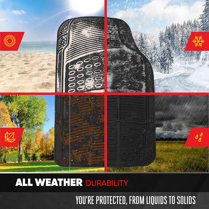 Proliner All Weather Rubber Auto Floor Mats and Trunk Cargo Liner - Front & Rear Heavy Duty Set Fit for Car SUV Van and Truck, Black, 4 Pieces (Trim to Fit)