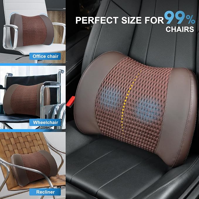 Lumbar Support Pillow for Car, Car Seat Back Support for Driving | Memory Foam Car Lumbar Support for Driving, Car Back Cushion, Adjustable Straps, Lower Back Pillow, Breathable 4D Mesh, Brown