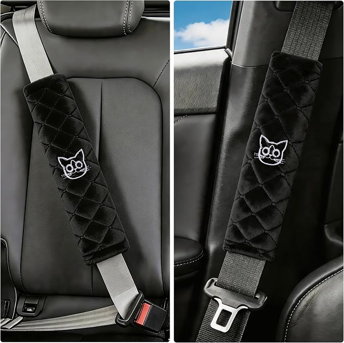 Soft Auto Seat Belt Cover Seatbelt Shoulder Pad Cushions 2 PCS for a More Comfortable Driving Universal Fit for All Cars and Backpack Black Cat
