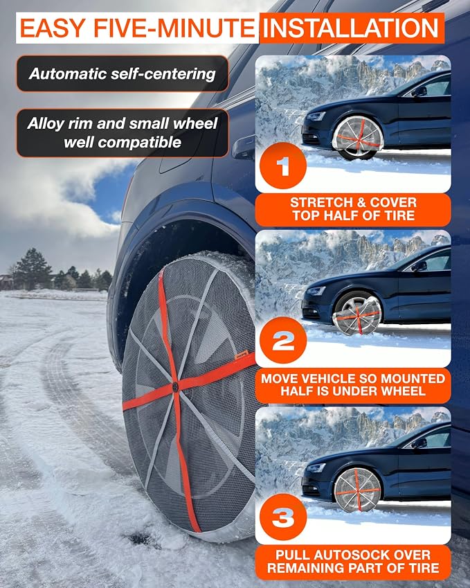 Passenger Vehicle Snow Socks for Tires, HP870 - Car Sock Tire Traction Device for Snow, Ultimate Chain Alternative for Cars, SUVs & Pickup Trucks, Pack of 2