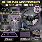 Purple Car Accessories Set, 27 Pieces – Bling Car Accessories for Women, Steering Wheel Cover, Rearview Mirror, Air Vent, Dashboard and Console Rhinestone Decor - Universal Fit Interior Styling Kit