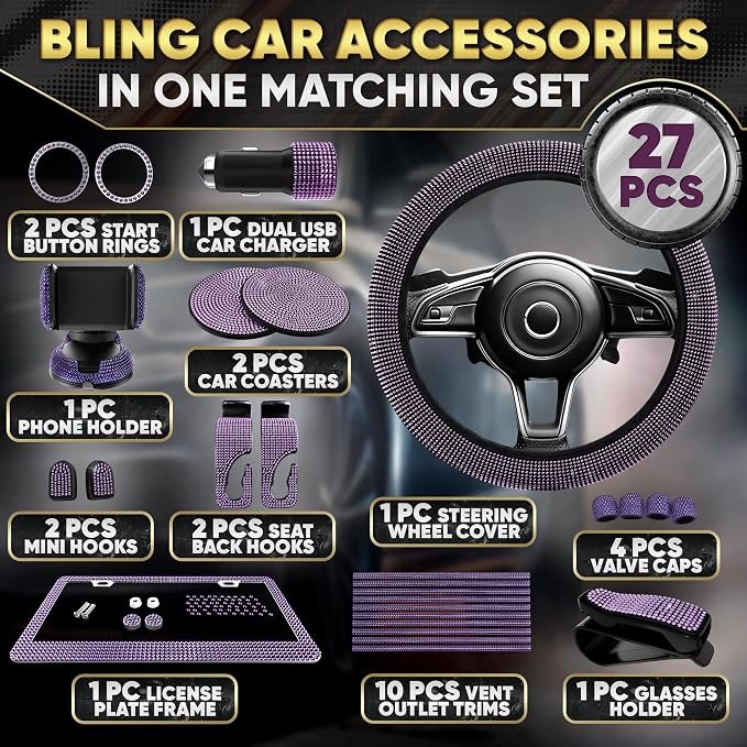 Purple Car Accessories Set, 27 Pieces – Bling Car Accessories for Women, Steering Wheel Cover, Rearview Mirror, Air Vent, Dashboard and Console Rhinestone Decor - Universal Fit Interior Styling Kit
