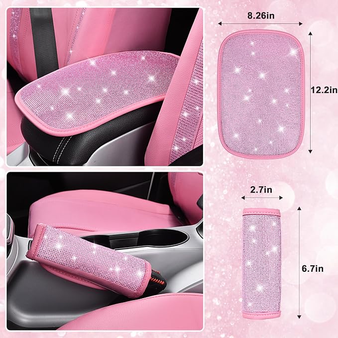 Bling Pink Car Accessories Set for Women, Sparkly Rhinestone Diamond Steering Wheel Cover Seat Belt Cushion Glitter Shift Knob Cover Car Cup Holder Coaster Cute Interior Sets, Pink 22 PCS