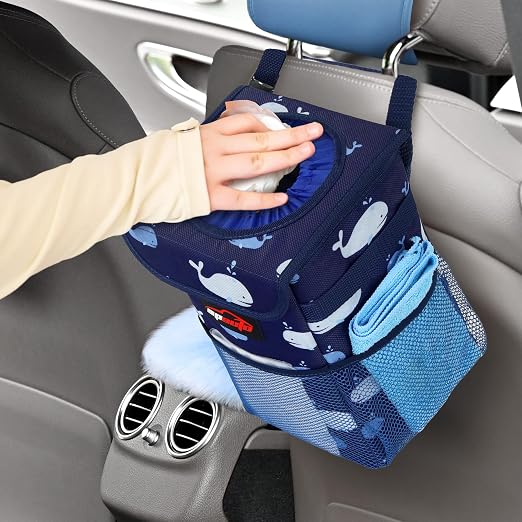Waterproof Car Trash Can with Lid and Pockets, 1.8 Gal, Blue | Leakproof, Collapsible Multipurpose Car Bin with 3 Side Storage Pockets, Adjustable Straps