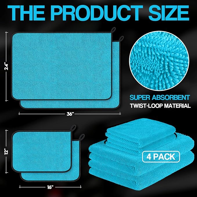 4 Pack Twisted Loop Car Drying Towel, Microfiber Towels for Cars 24"x36", Reusable Shammy Quick Dry Cloth for Auto, Boat, Kitchen, Windows & Bathroom（Blue）