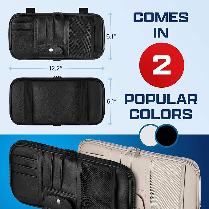 Car Sun Visor Organizer – Car, SUV, Truck Interior Accessories - Magnetic Glasses Holder & Full Length Horizontal Pockets, Allows Safe Driving - 12.2 X 6.1 In, Black
