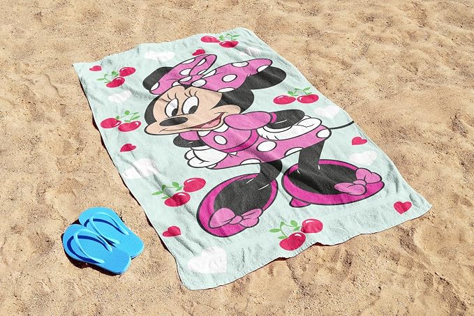 Kids Beach Towel - 100% Cotton Super Soft Absorbent Bath Towel, 28" x 58" Inch Lightweight for Travel, Official Licensed Product, Green - Minnie Mouse