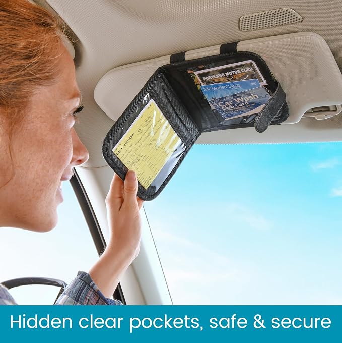 Car Visor Organizer and Registration and Insurance Card Holder with Clear Document Pockets and 3 Card Holders - Vehicle Document Holder for Visor, Glove Box or Console