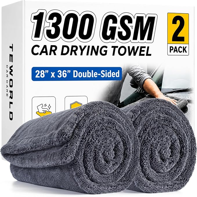 2-Pack Car Drying Towels, Large 36 x 28 Inch, 1300 GSM, Dual-Gray | Twisted Loop Microfiber Towel for Cars - Absorbent Car Dry Towel and Car Wash Towel for Streak-Free, Paint-Safe Car Detailing