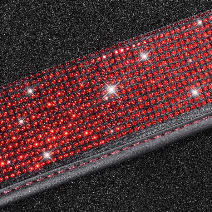 Bling Diamond Car Floor Mats, Shining Rhinestone Carpet Sparkly Glitter Crystal with Anti-Slip PVC Heel Pad Waterproof Universal Fit Automotive SUV,Sedan,Van,Cute Girl Women,4pcs Black Red