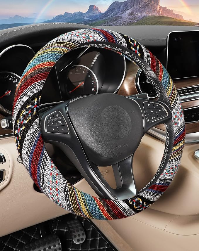 Boho Steering Wheel Cover with Baja Blanket Cloth, Ethnic Style Auto Wheel Cover Made of Coarse Flax, Fits 14 1/2-15 1/4 inches Car Wheel