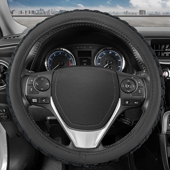 GripTech Plush Fuzzy Steering Wheel Cover for Car Truck Van SUV, Standard 15 inch Size, Soft Black Fluffy Exterior, Comfortable Ergonomic Car Steering Wheel Cover