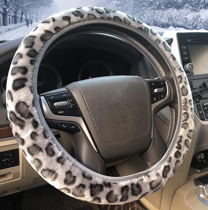 Leopard Print Steering Wheel Cover, Universal 15 Inch Elastic Plush Softy Steering Wheel Cover for Women Girls, Winter Warm, Anti-Slip, Gray