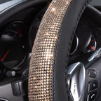 Bling Champagne Diamond Steering Wheel Cover, Black Leather Universal Fit 14.5-15inch Glitter Rhinestones for Women Sparkle Crystal Girly Shining for SUV,Vans,Sedan,Car,Truck, Black Champagne