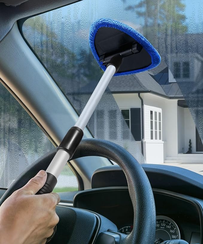 Windshield Cleaner Tool,Car Accessories,Automotive Tool Car Window Cleaner with Extendable Long Handle and 4 Washable Reusable Microfiber Pads,Suitable for Most Cars,SUVs,Trucks,Jeeps (Blue)
