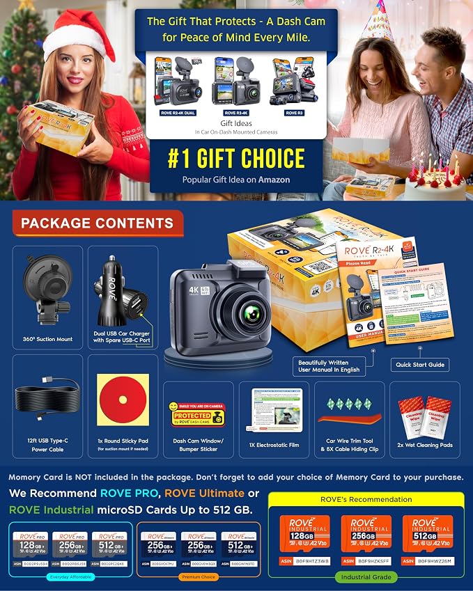 R2-4K Dash Cam, 4K UHD 2160P Car Camera with 8MP CMOS Sensor, Built-in WiFi 6 and GPS, Dash Camera For Cars with 2.4" Screen, Super Night Vision, 150" Wide Angle, Parking Mode, Supports 512GB Max