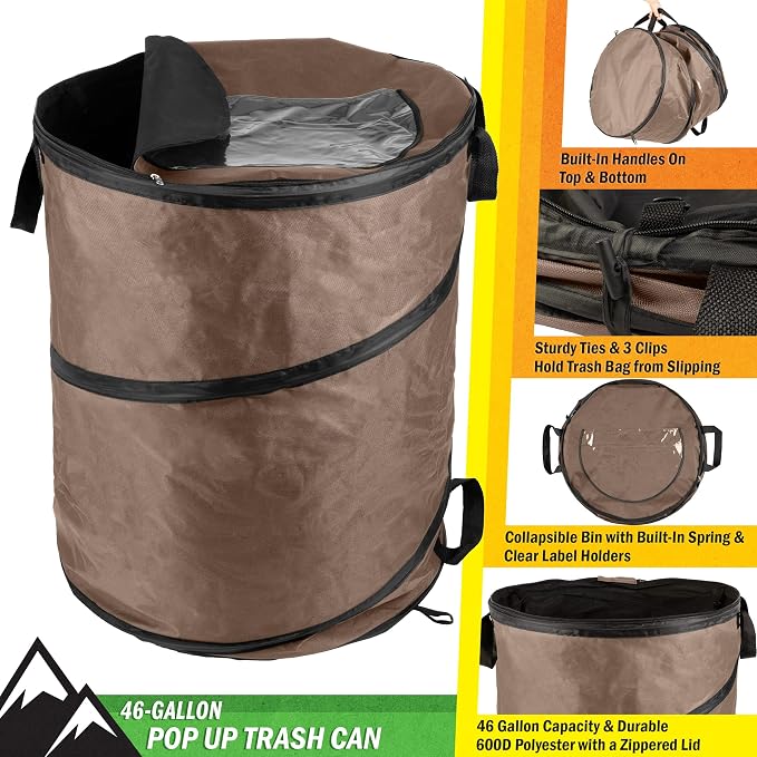 Outdoor Trash Can - 46-Gallon Collapsible Garbage Can with 3 Stakes - Pop Up Trash Can for Camping, Storage, or Yard Waste Outdoors (Beige)