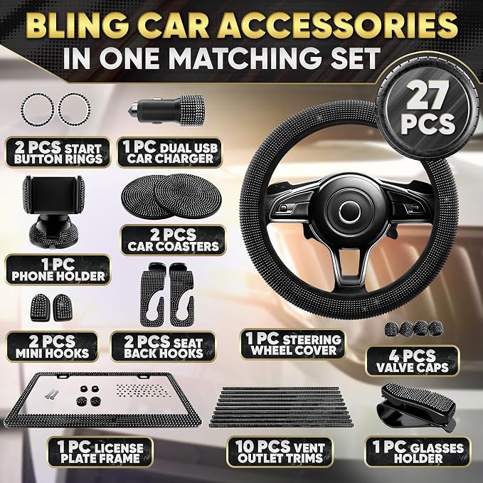 Black Bling Car Accessories Set - 27 Pieces Car Interior Kit with Rhinestone Steering Wheel Cover, Diamond License Plate Frame, Phone Holder, Coaster & Hook, Great Gift for Drivers