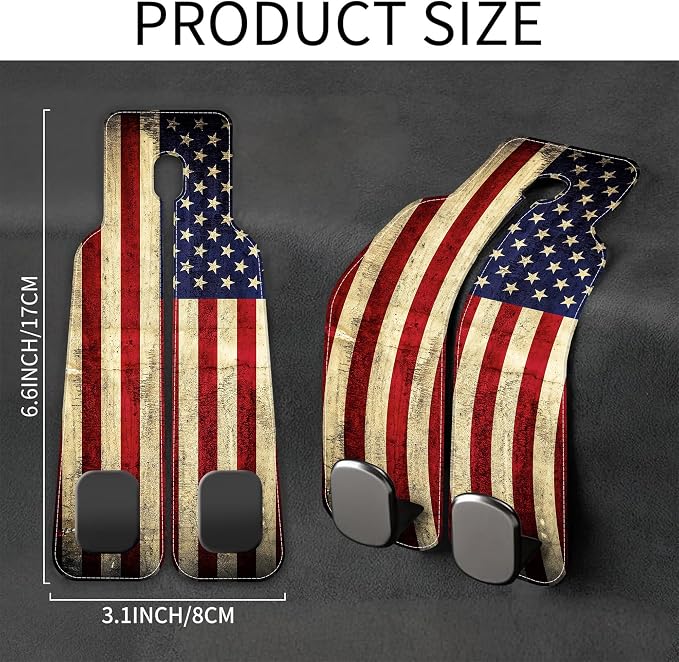 Purse Hook for Car Vintage American Flag 1 Pack Headrest Back Seat Hook Premium Leather Double Metal Hanger Storage Pack Bag Purse Holder Car Interior Accessories