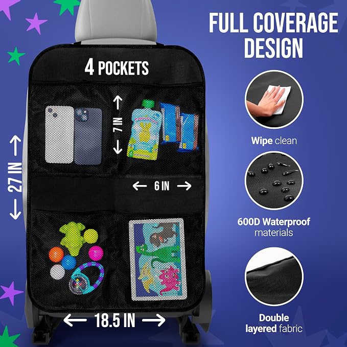 2 Pack Kick Mats Back Seat Protector - Backseat Car Organizer for Kids, Car Storage Organizer, Back Seat Cars Organizers, Cars Organizers Backs Seats, Travel Accessories, 4 Pockets