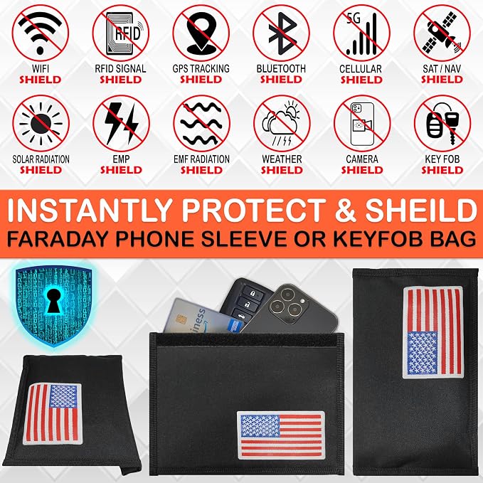 USA Flag Faraday Bag for Phones & Key Fobs – RFID Shielding Privacy Pouch for Electronic Device Storage, Patriotic American Flag Design Faraday Sleeve