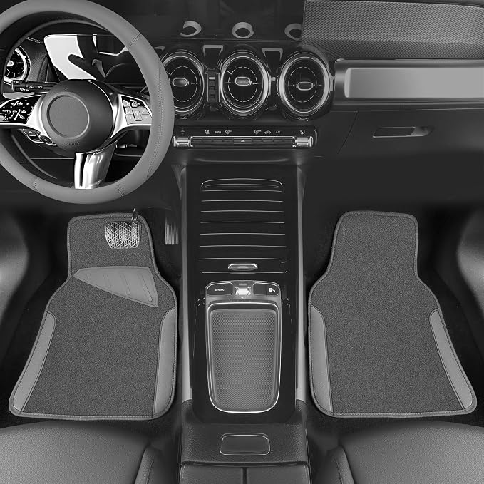 Microfiber Leather Steering Wheel Cover and Waterproof Car Floor Mats,Universal Car Combo Fit for 95% Sedan,SUV,Cars,14.5-15inch Anti-Slip Safety Comfortable Faux Leather Design(Solid Gray)