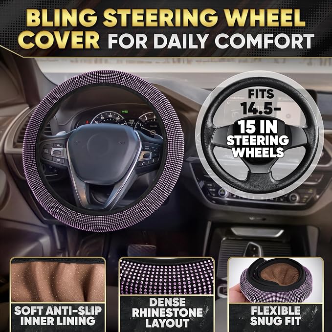 Purple Car Accessories Set, 27 Pieces – Bling Car Accessories for Women, Steering Wheel Cover, Rearview Mirror, Air Vent, Dashboard and Console Rhinestone Decor - Universal Fit Interior Styling Kit