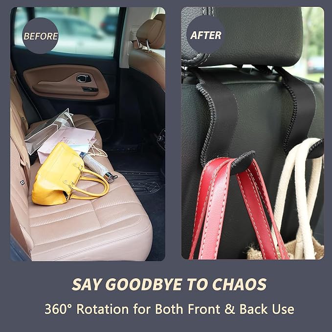 Car Seat Headrest Hook 4 Pack Metal Core Hanger Universal Car Storage Organizer for Handbag Purse Coat S Type Leather Black