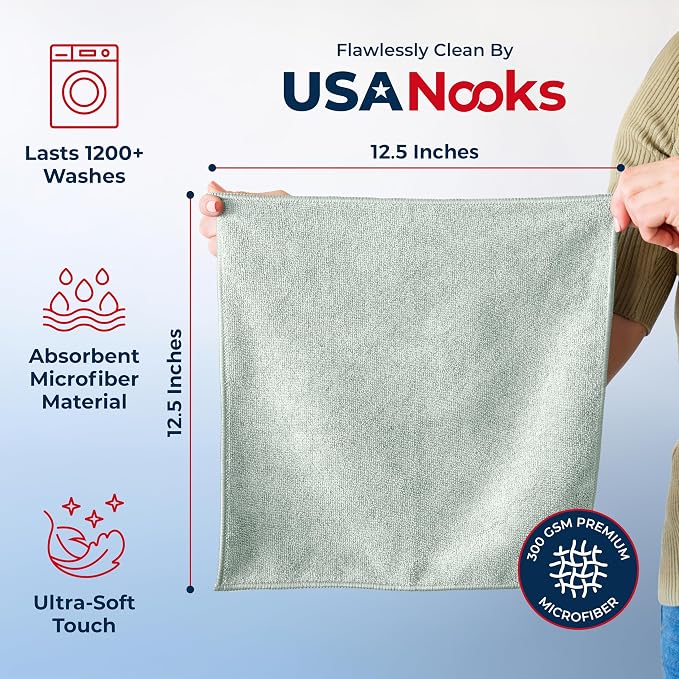 Microfiber Cleaning Cloth - Sea Green - 24Pcs (12.5x12.5 inch) High Performance - 1200 Washes, Ultra Absorbent Car Towel Traps Grime & Liquid for Streak-Free Mirror Shine - car Washing Cloth
