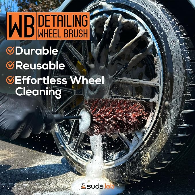 WB Premium Detailing Wheel Brush for All Vehicle Types – 17.7" Ultra-Soft and Scratch-Free Reusable Rim, Wheel, and Tire Brush for Deep Cleaning