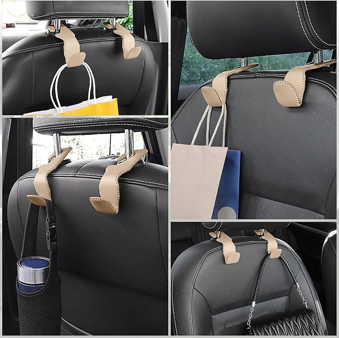 Beige Superior Leather Car Seat Back Headrest Hook, Auto Seat Hook Hangers Interior Accessories for Purse Coats Umbrellas Grocery Bags Handbag, 2-Pack