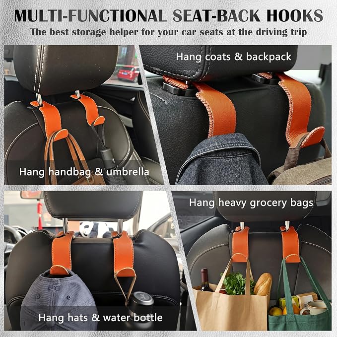 Car Seat Headrest Hook Universal Vehicle Storage Hanger Leather with Metal Car Seat Back Organizer for Handbag Purse Coat Orange 4 Pack