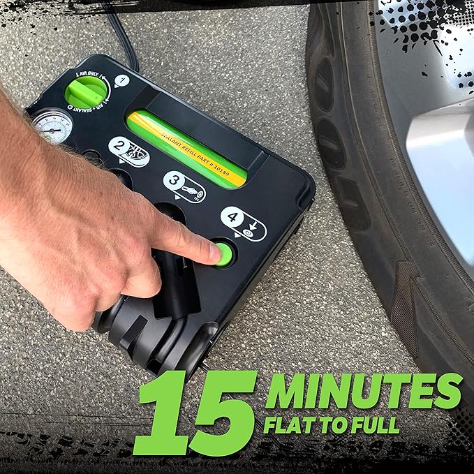 50139 Flat Tire Puncture Emergency Kit, Includes Sealant and Tire Inflator Pump, Analog, Suitable for Cars and Other Highway Vehicles, 10 Min Fix